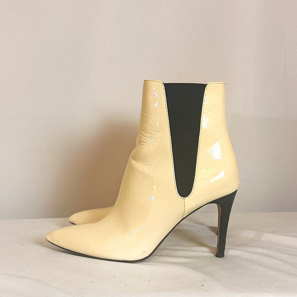 JOIE Abbie Heeled Stiletto Pointed Patent Leather Chelsea Boot in Ivory …